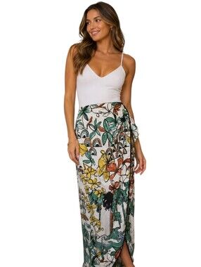 PIA Lara-Floral Printed Ankle Length Wrap Skirt-big Tropic Green Flower.Size SM